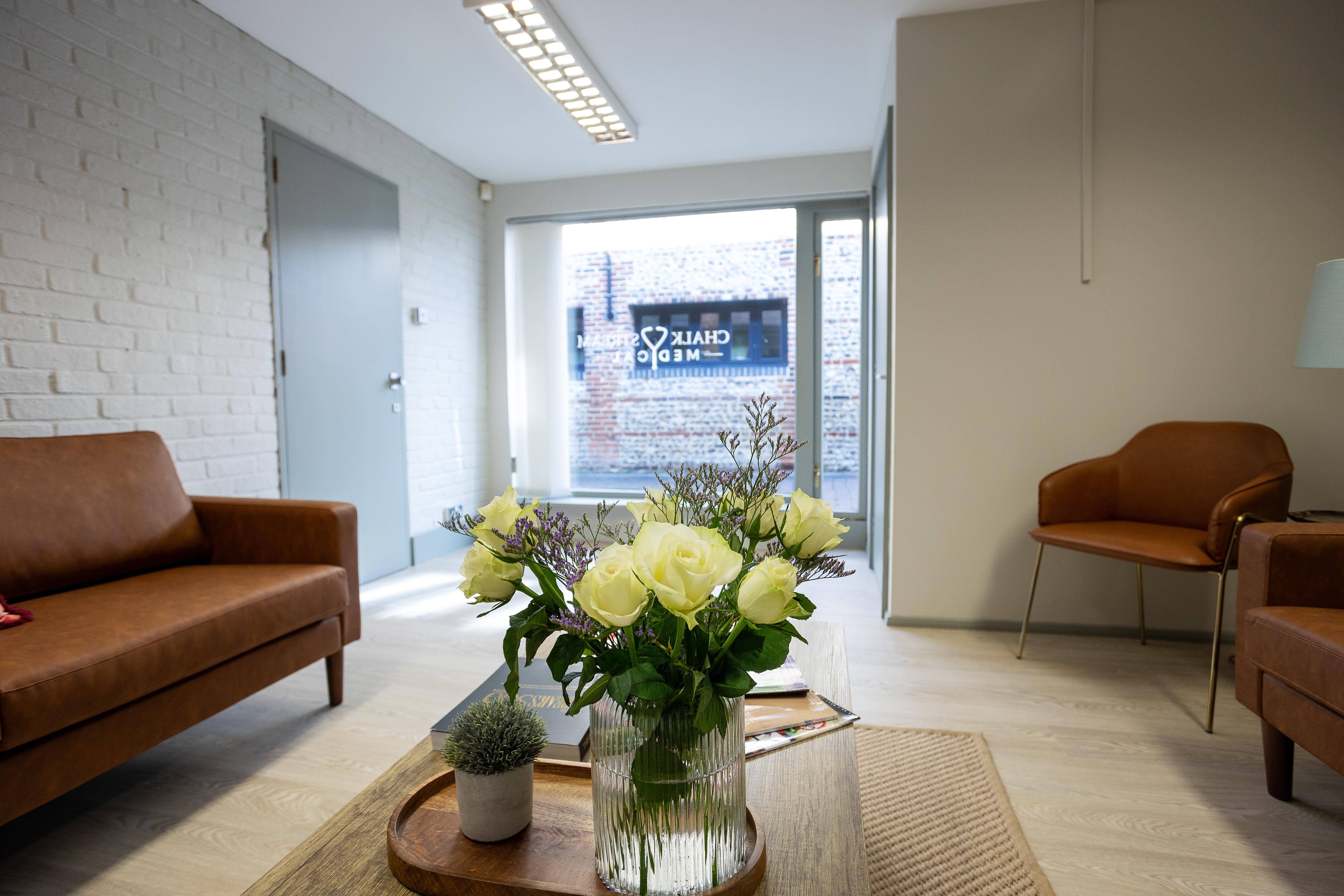 Welcoming waiting room at Chalk Stream Medical clinic in Alresford